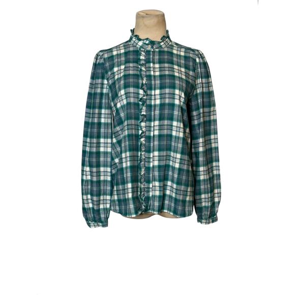 Loft green white plaid long sleeves ruffle button shirt size Small - Picture 8 of 16